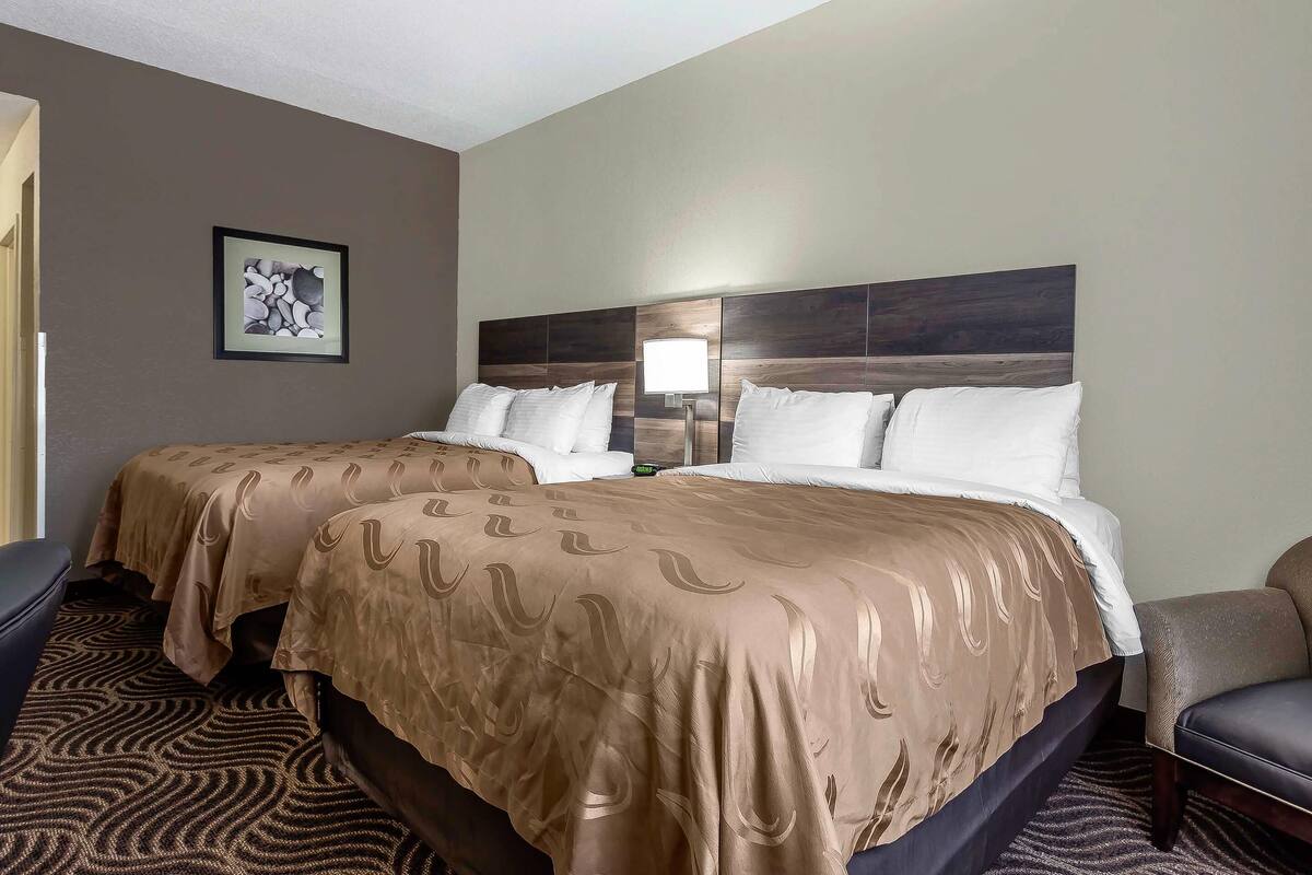 Quarto de hotel com duas camas, uma cabeceira com luminária e um quadro emoldurado na parede, além de um tapete estampado.