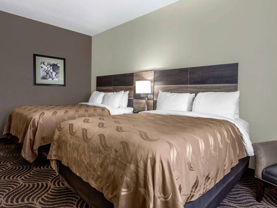 A hotel room with two beds, a headboard with a light fixture, a framed picture on the wall, and a patterned carpet.