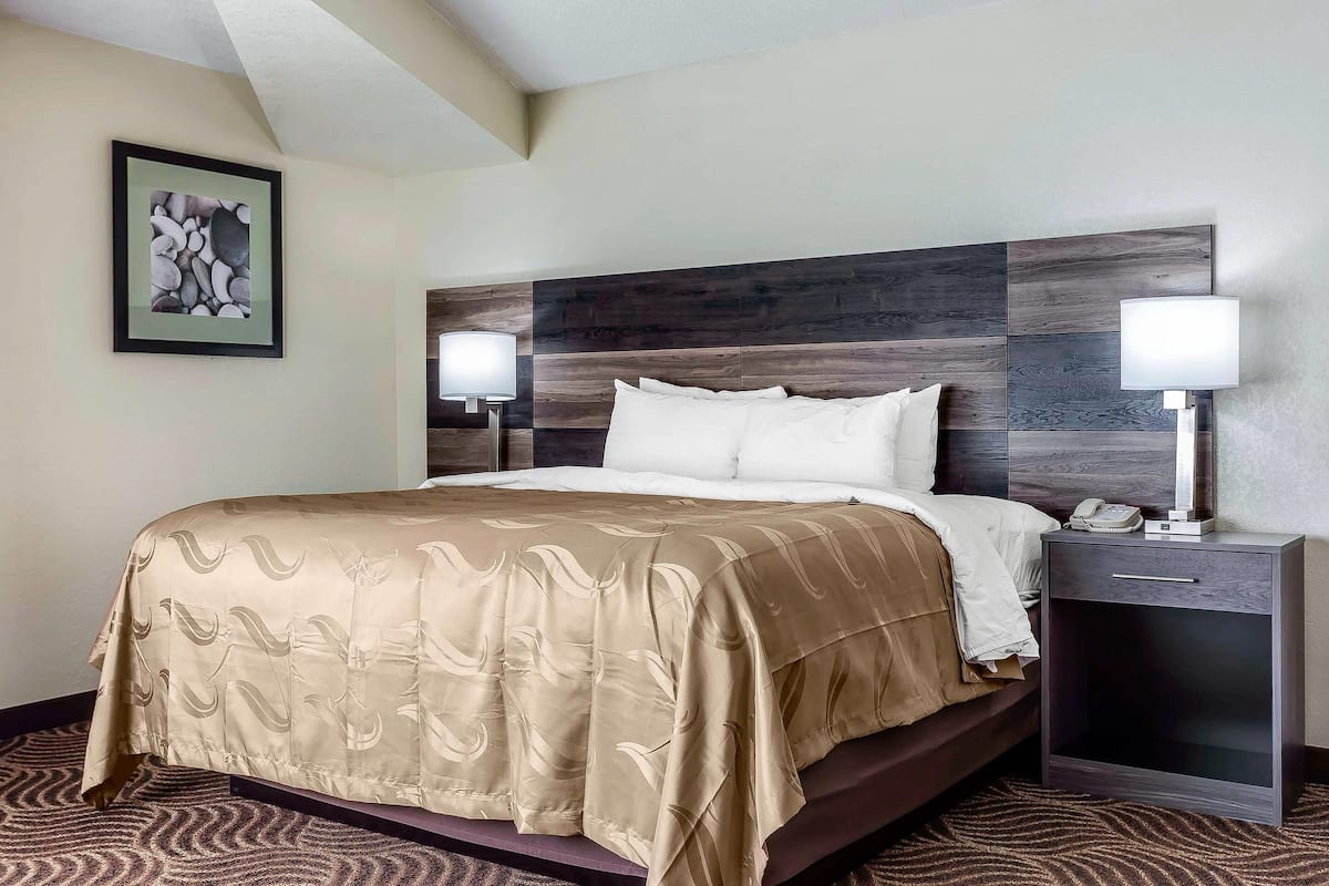 Quarto de hotel com uma cama grande, duas luminárias de cabeceira, uma mesa de apoio e um quadro na parede.