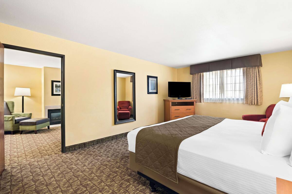 A hotel room with a bed, a television, a desk, a chair, and a mirror.