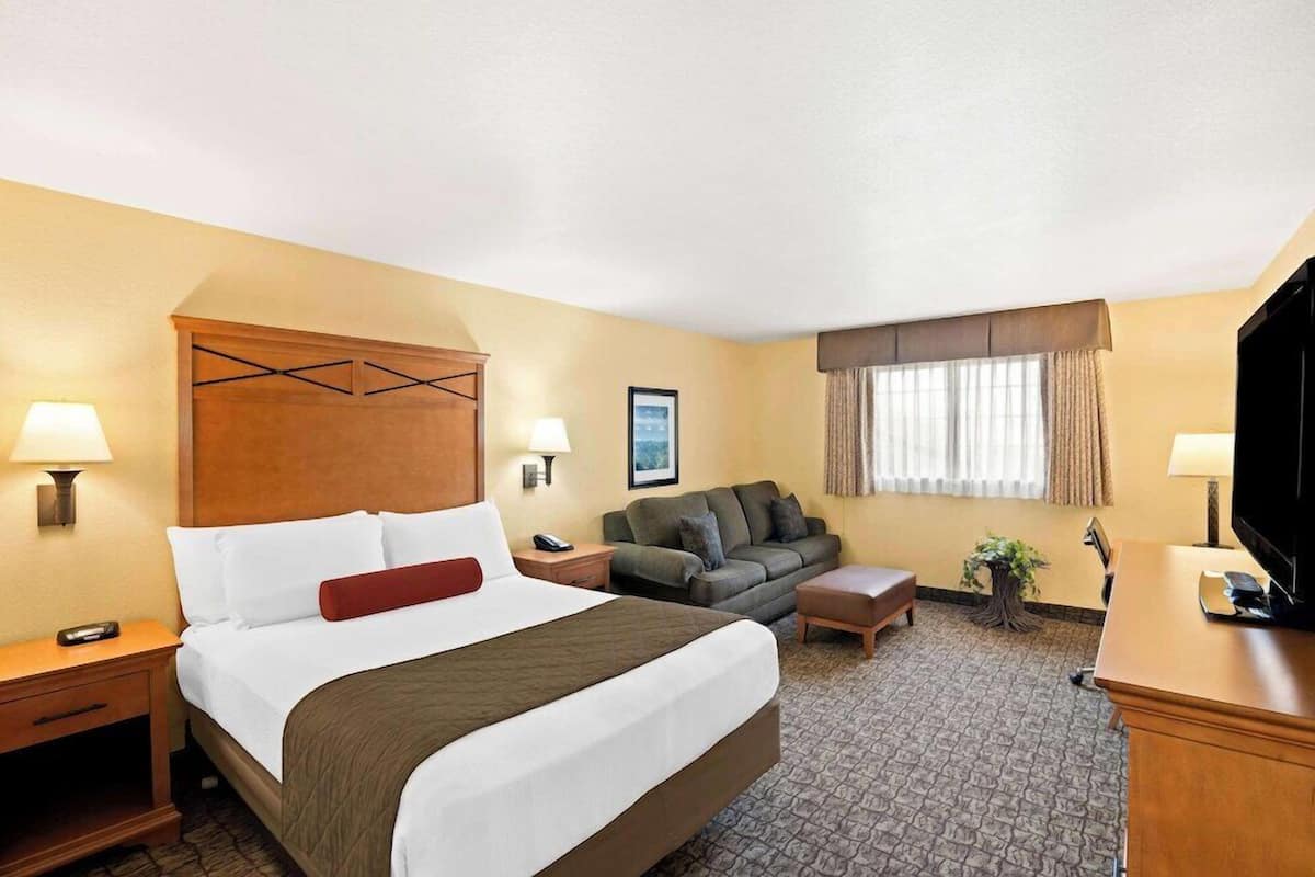 Una habitación de hotel con cama, sofá, escritorio y televisión.