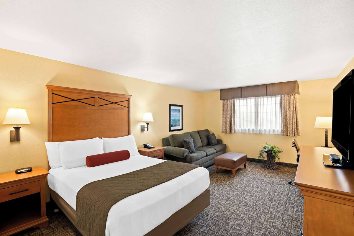 A hotel room with a large bed, a sofa, a desk, and a television.