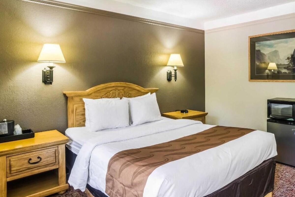 A hotel room with a bed, two bedside lamps, a nightstand, a television, and a painting on the wall.