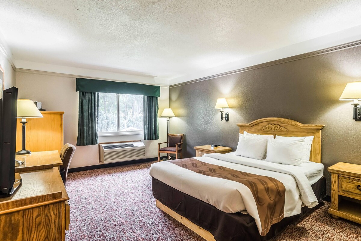 A hotel room with a bed, a desk, a chair, a television, and a window with curtains.