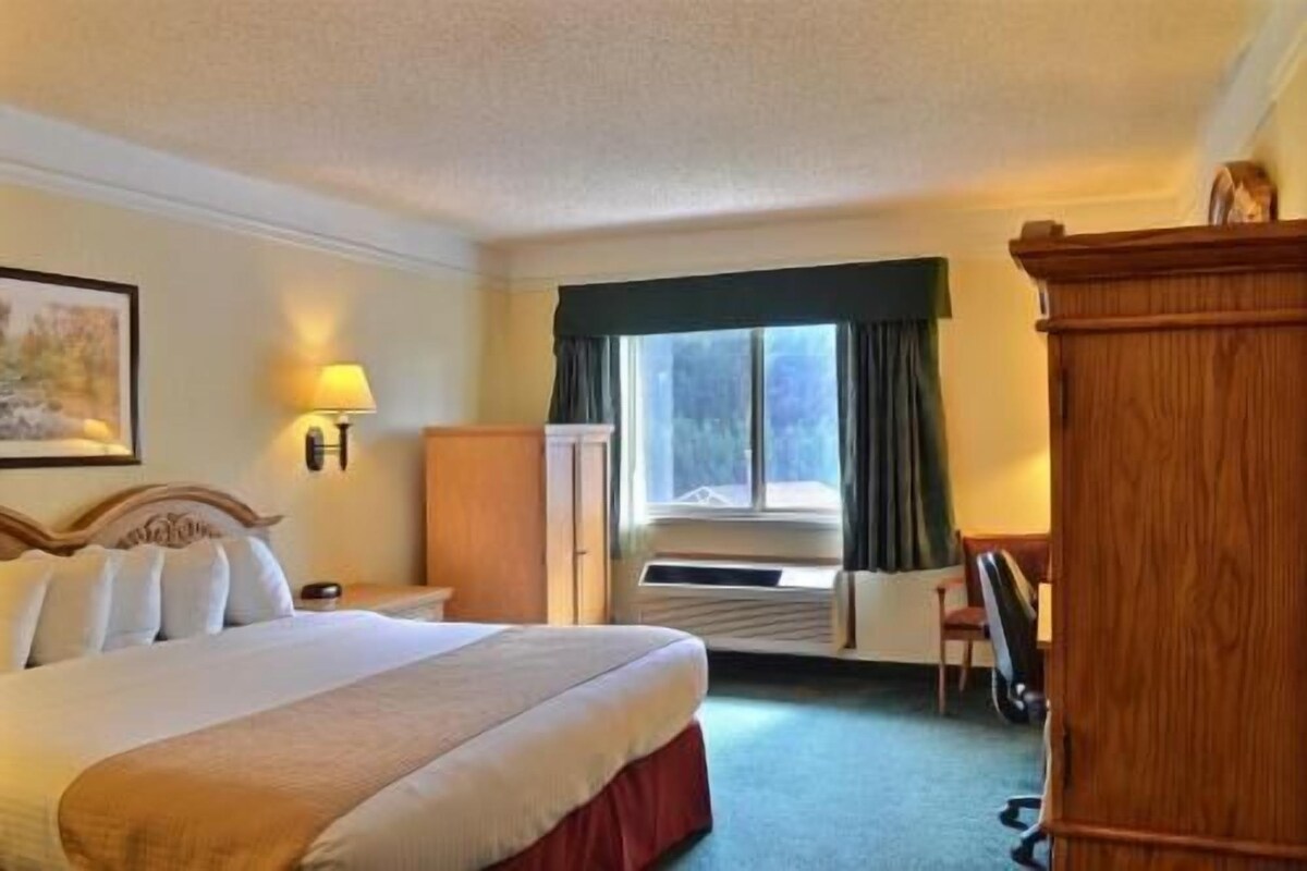 A hotel room with a bed, a desk, a chair, a wardrobe, a window with curtains, and a lamp.