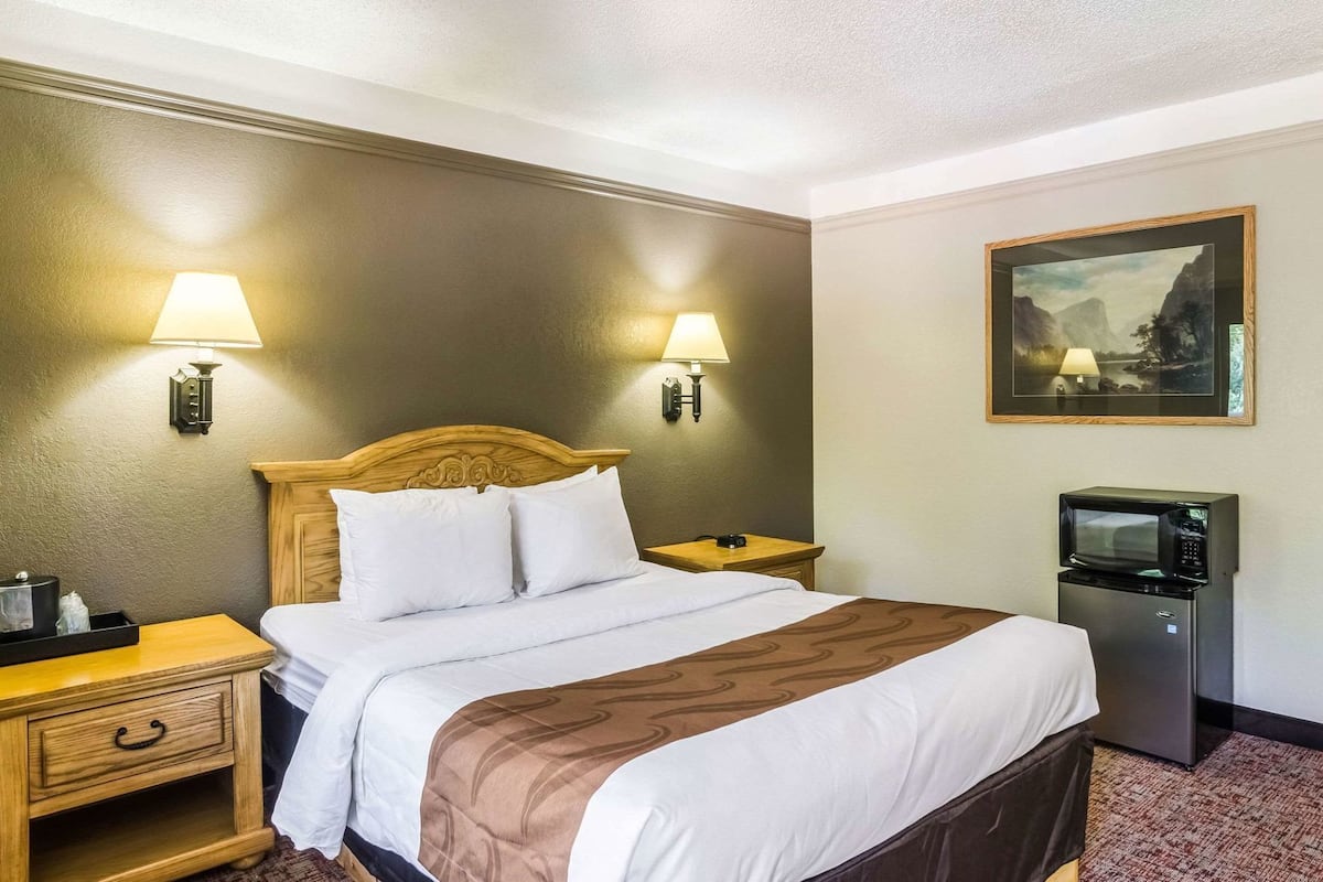 A hotel room with a bed, bedside lamps, a nightstand, a microwave, and a painting on the wall.