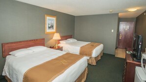 Habitación de hotel con dos camas, una mesita de noche con lámpara, televisión y puerta.
