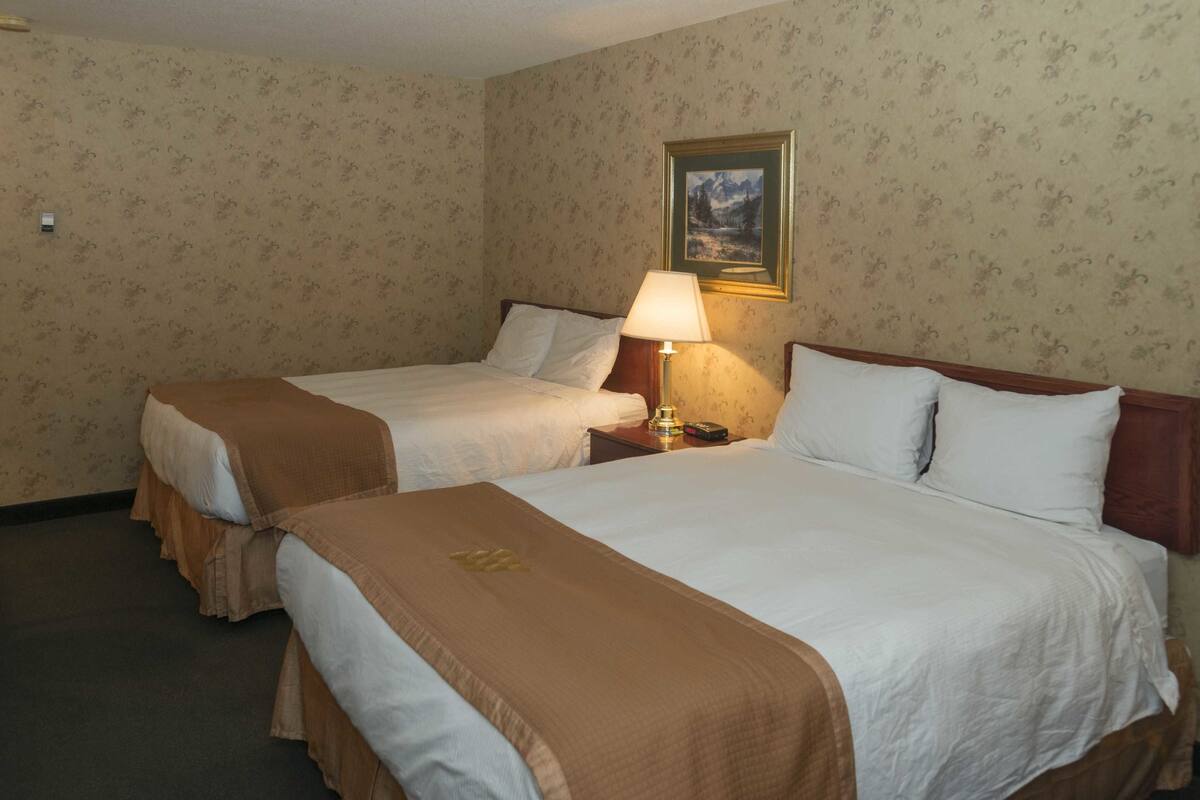 A hotel room with two beds, a nightstand with a lamp, and a framed picture on the wall.