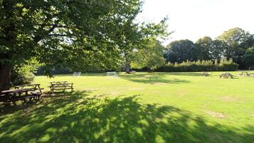 Un parque con césped, mesas de picnic y una portería de fútbol.