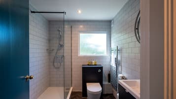 Een moderne badkamer met een inloopdouche, toilet en wastafel.