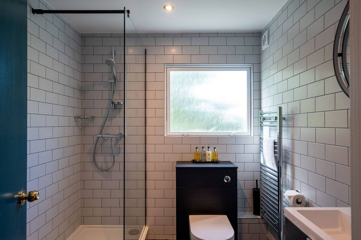 shower, free toiletries, hair dryer, towels