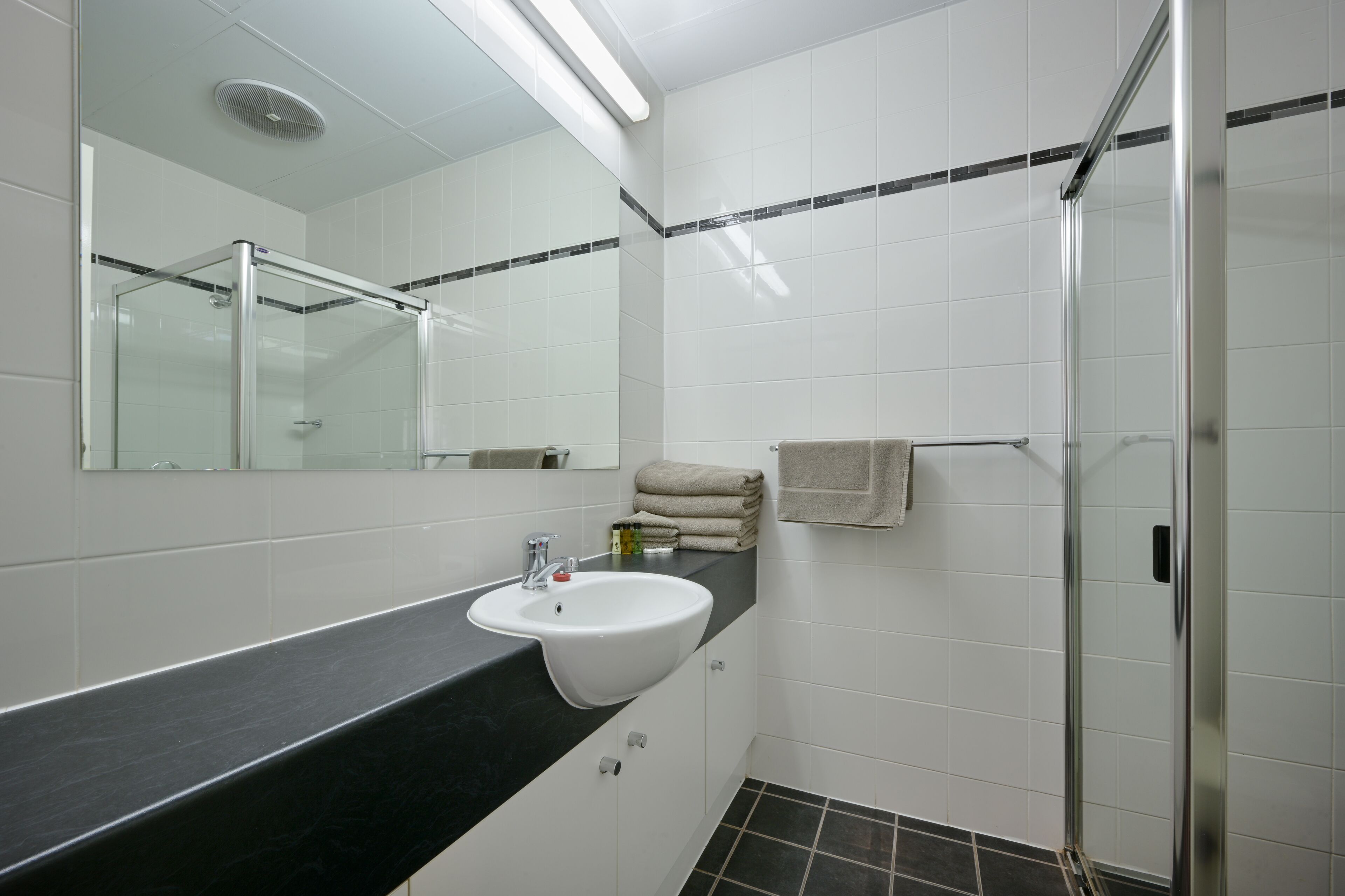 A modern bathroom with a glass-enclosed shower, a sink with a black countertop, and a mirror above the sink.