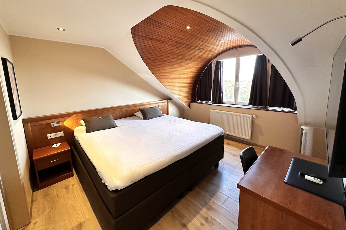 A bedroom with a large bed, a desk, and a window with curtains.