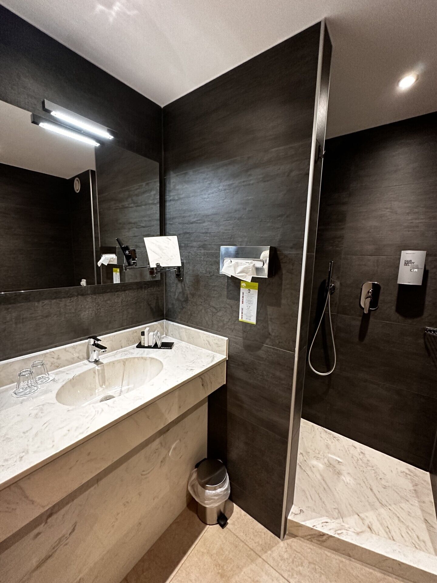 Een moderne badkamer met twee wasbakken, een spiegel, een zeepdispenser, een douche en een toilet.