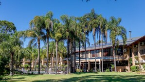 A hotel with multiple floors, surrounded by palm trees and a well-maintained lawn. - Charbonnier Motor Inn (Singleton)