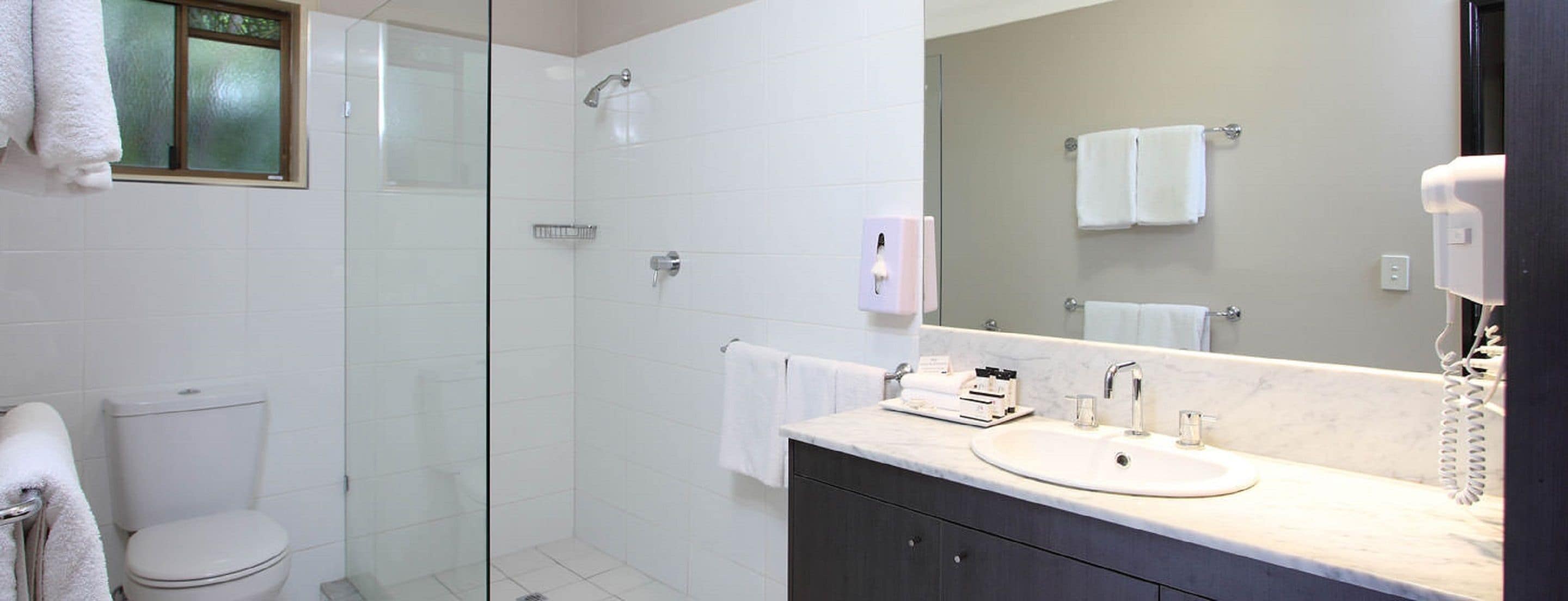 A modern bathroom with a glass-enclosed shower, a white toilet, a vanity with a sink, and a large mirror.