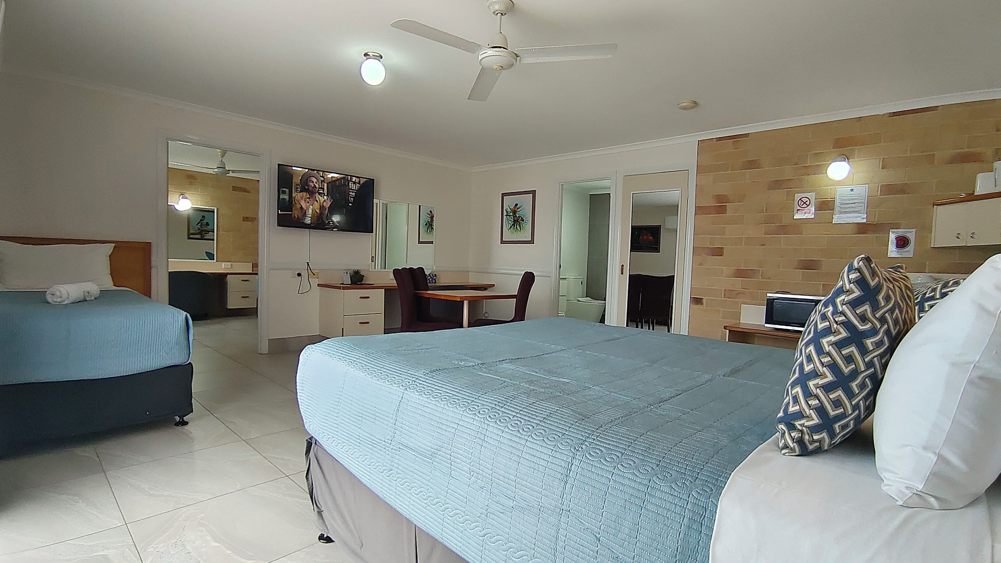 A hotel room with a bed, a desk, a chair, a television, and a ceiling fan.