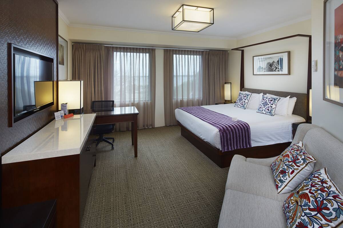 A hotel room with a bed, a desk, a chair, a TV, and a couch.