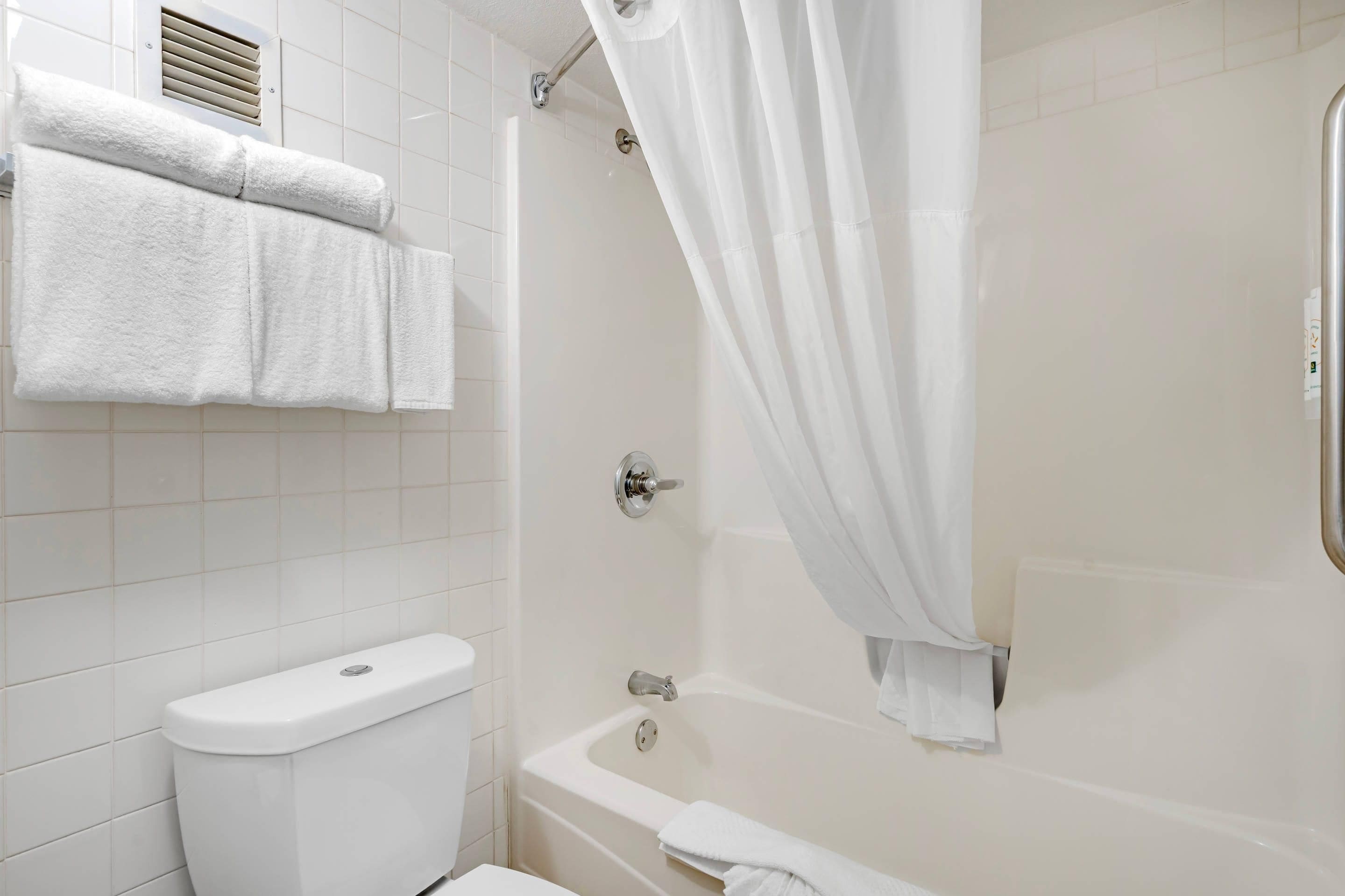 Een badkamer met toilet, bad en douchegordijn.