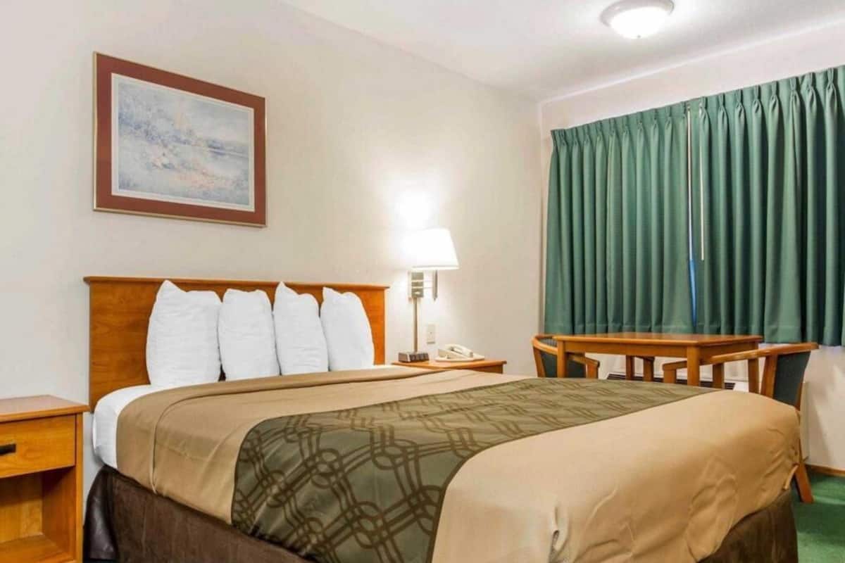 A hotel room with a bed, a desk, a chair, a lamp, a telephone, and a painting on the wall.