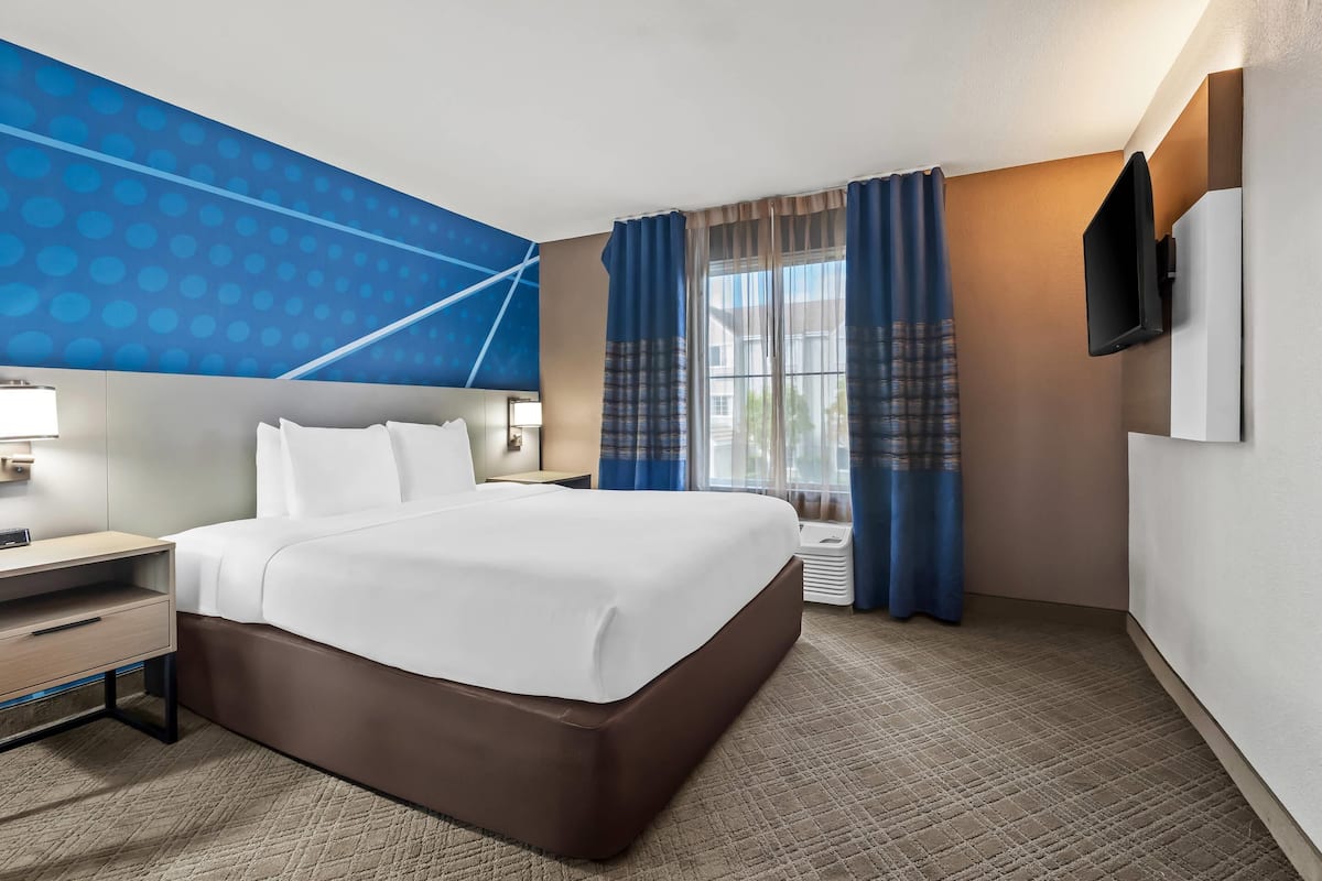 Una habitación de hotel con una cama grande, una mesita de noche, un escritorio, un televisor de pantalla plana en la pared y una ventana con cortinas.