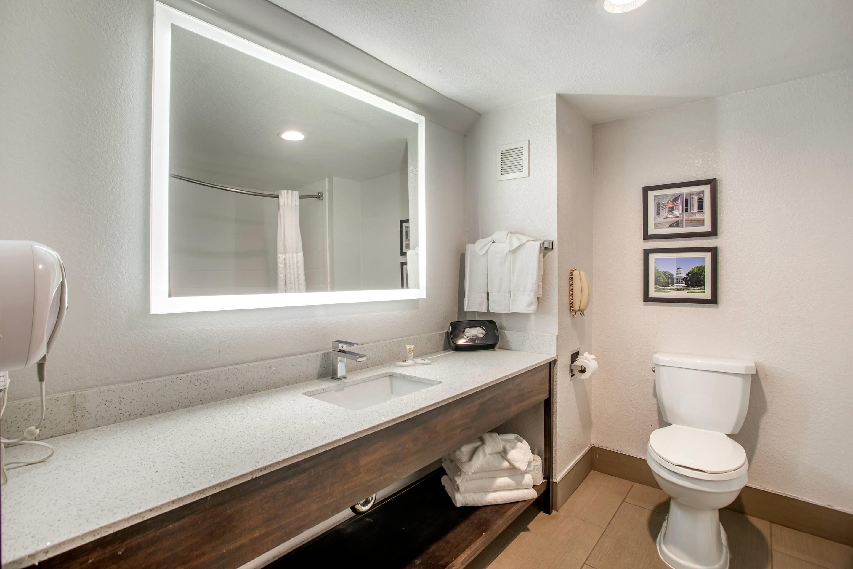 A bathroom with a large mirror, a sink, a toilet, and a towel rack.