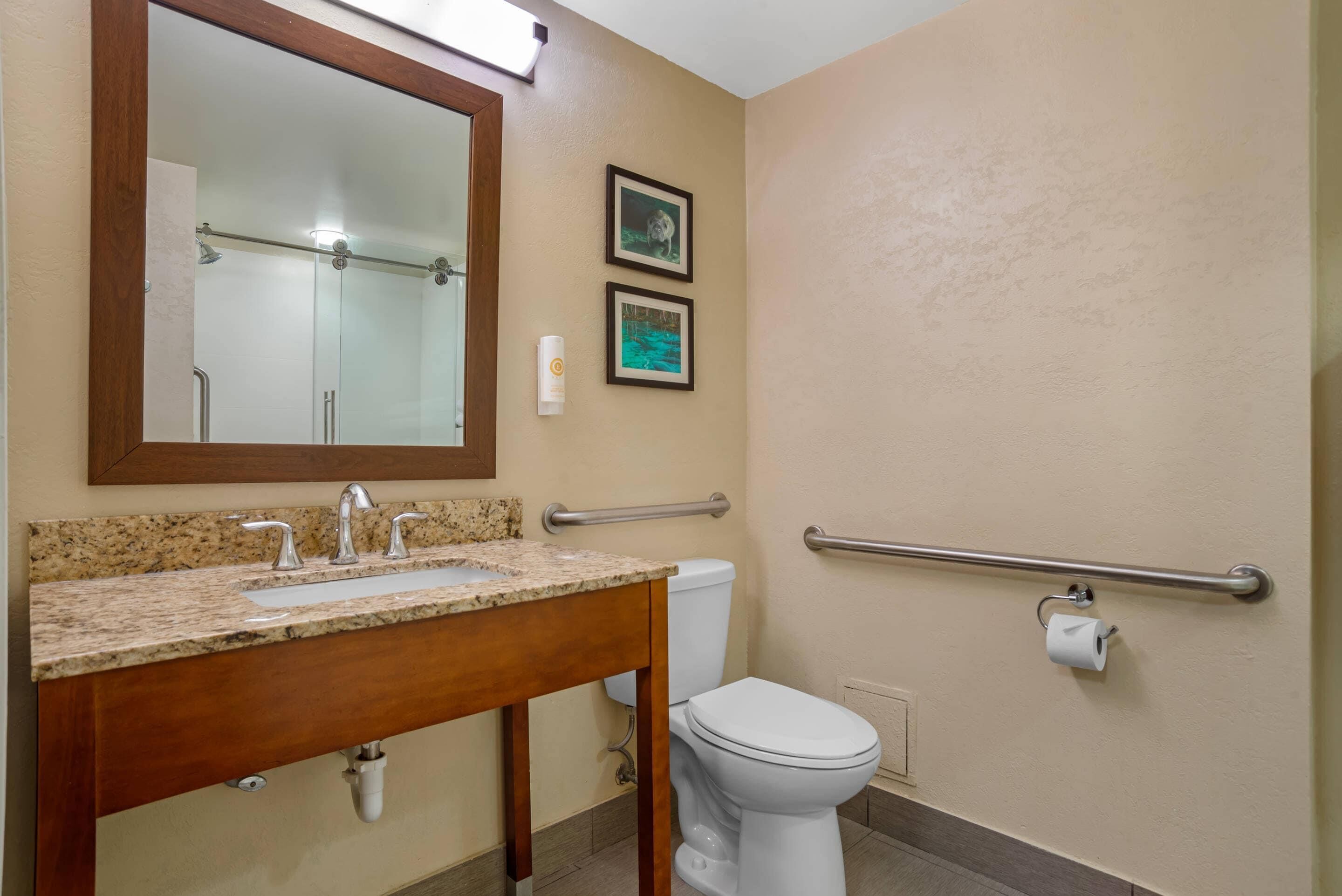 Un baño con lavamanos de encimera de granito, tocador de madera, inodoro blanco, espejo con marco de madera y dos cuadros enmarcados en la pared.