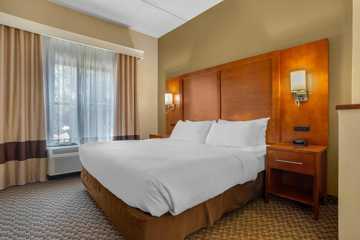A hotel room with a large bed, a nightstand, a lamp, and a window with curtains.