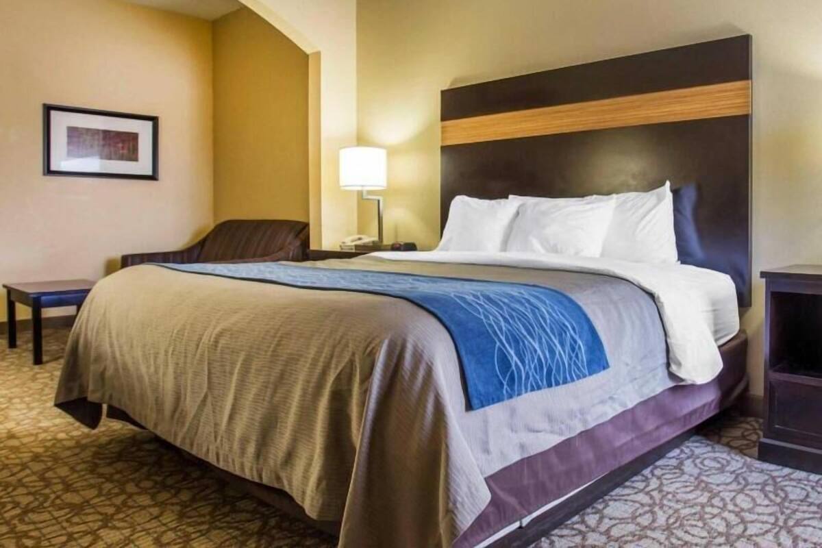 A hotel room with a bed, a nightstand, a lamp, a chair, and a framed picture on the wall.
