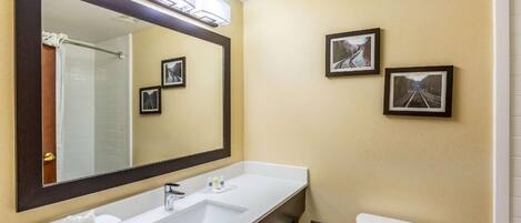 Une salle de bain avec un grand miroir, deux lavabos, des toilettes et des tableaux encadrés accrochés au mur.