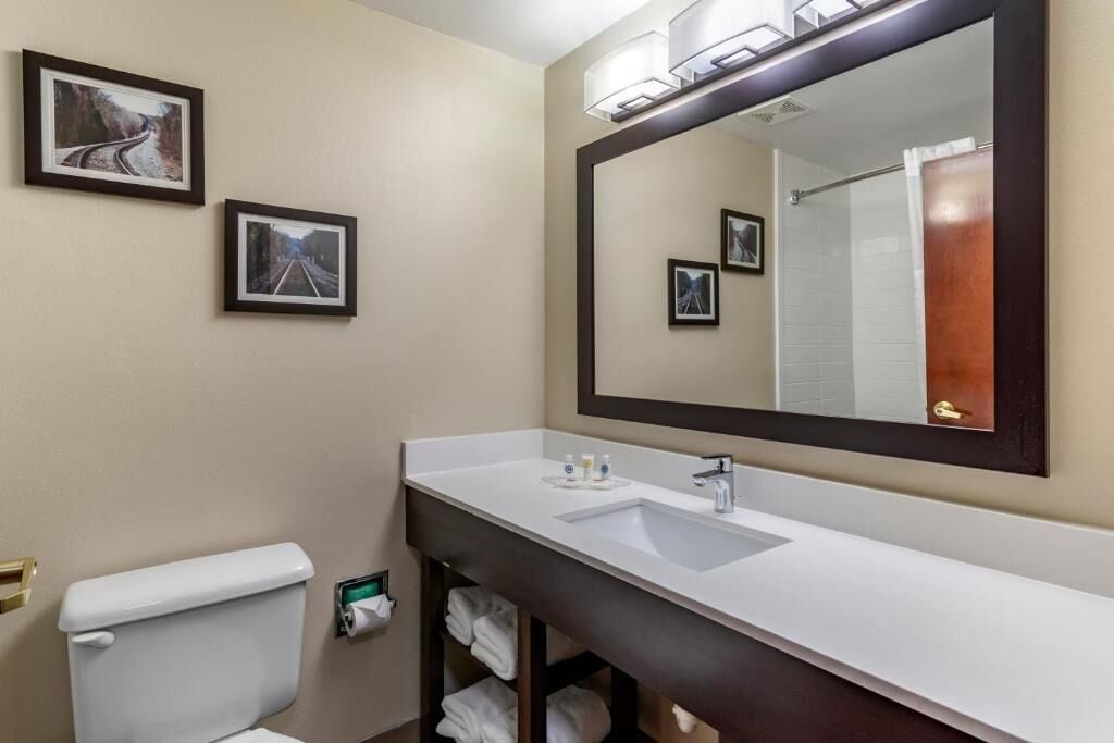 Combined shower/tub, free toiletries, hair dryer, towels