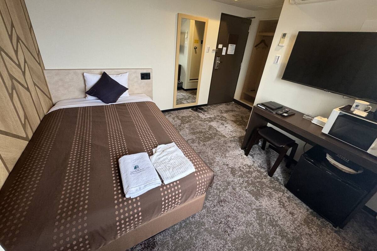 A hotel room with a bed, a desk, a television, and a mirror.