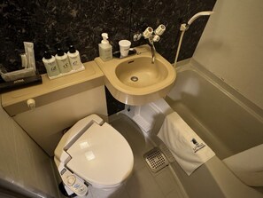 Bañera con ducha, pantuflas, excusado o inodoro con bidet electrónico