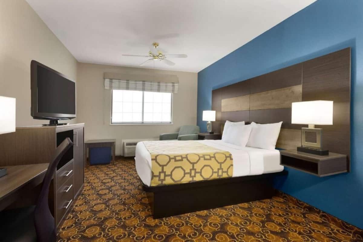 Une chambre d’hôtel équipée d’un lit, d’un bureau, d’une télévision, d’un ventilateur de plafond et d’une fenêtre avec des stores.