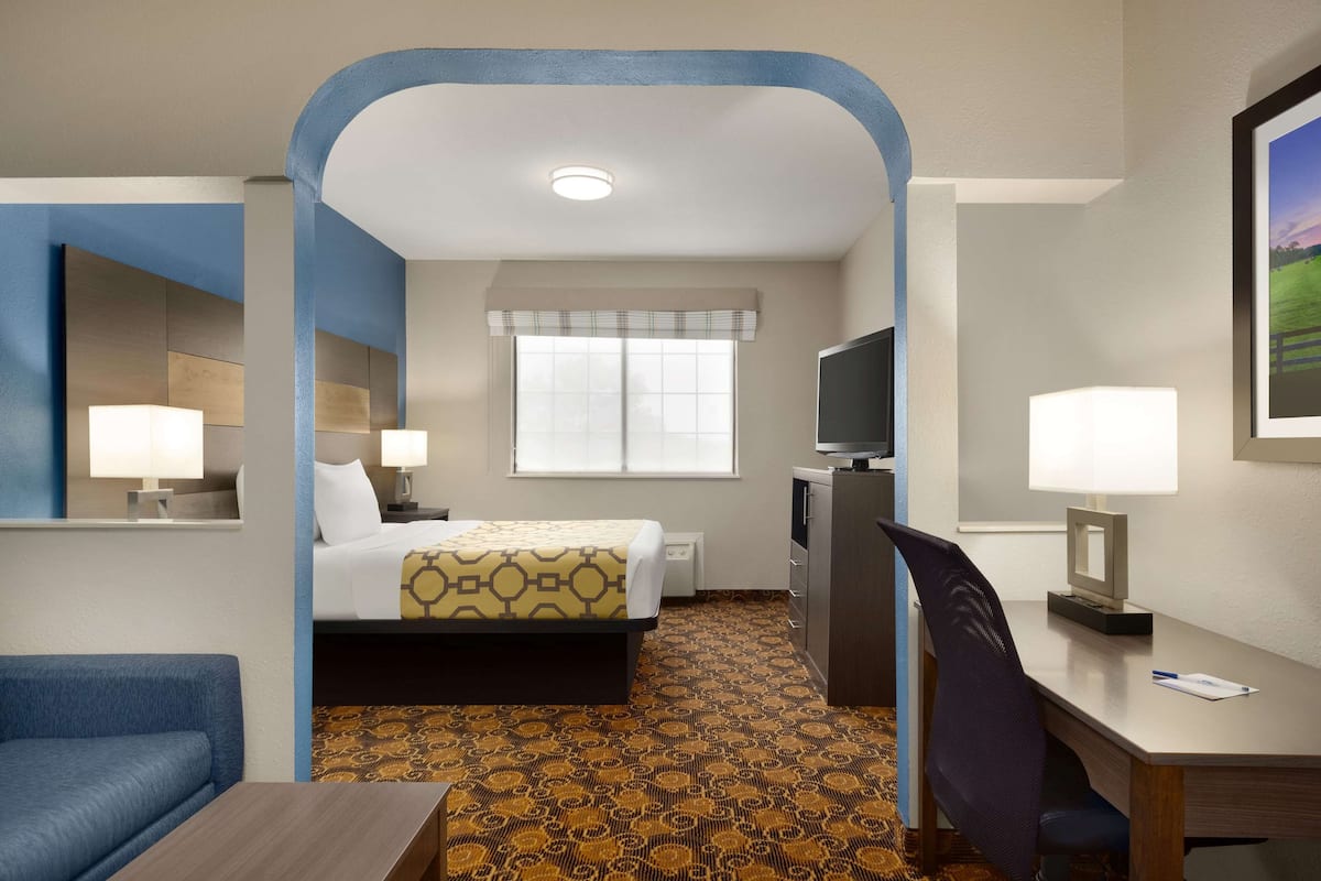 Une chambre d’hôtel équipée d’un lit, d’un bureau, d’une chaise, d’une télévision et d’une fenêtre avec des rideaux.