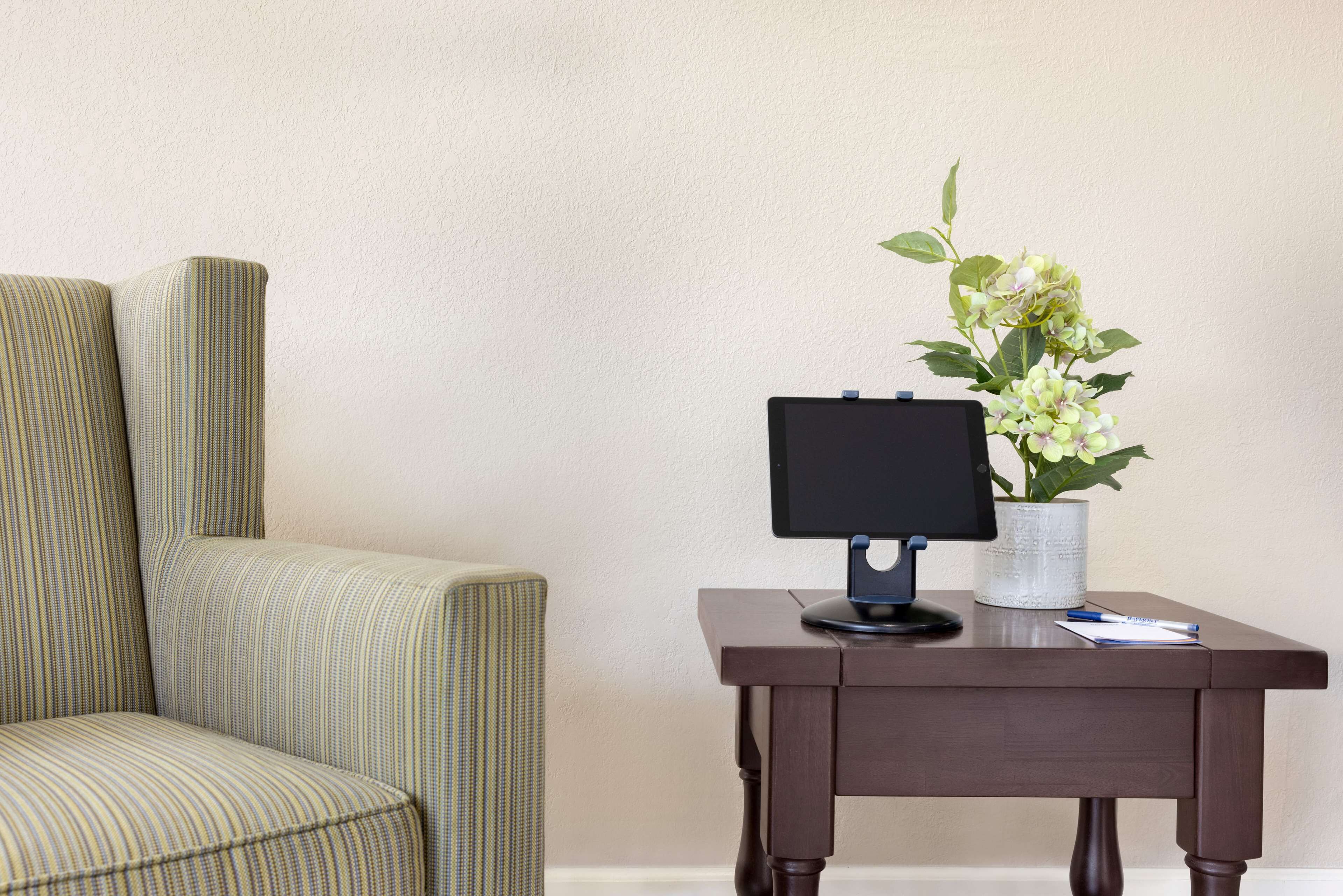 A chair with a striped pattern, a dark wooden table with a monitor and a potted plant.