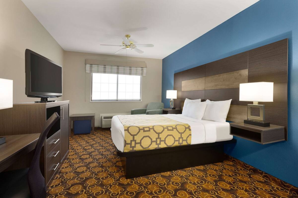 Une chambre d’hôtel équipée d’un lit, d’un bureau, d’une télévision, d’un ventilateur de plafond et d’une fenêtre avec des stores.