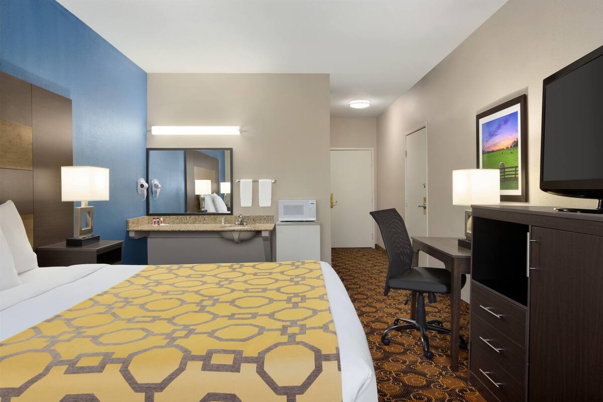 Une chambre d’hôtel avec un grand lit, un bureau, une chaise, une télévision, un miroir et un four à micro-ondes.