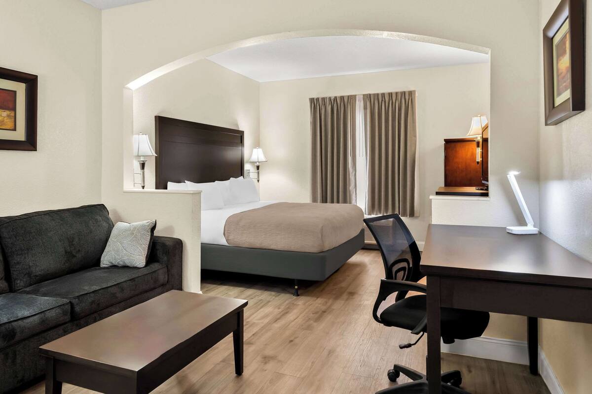 A hotel room with a bed, a desk, a chair, a sofa, and a TV.