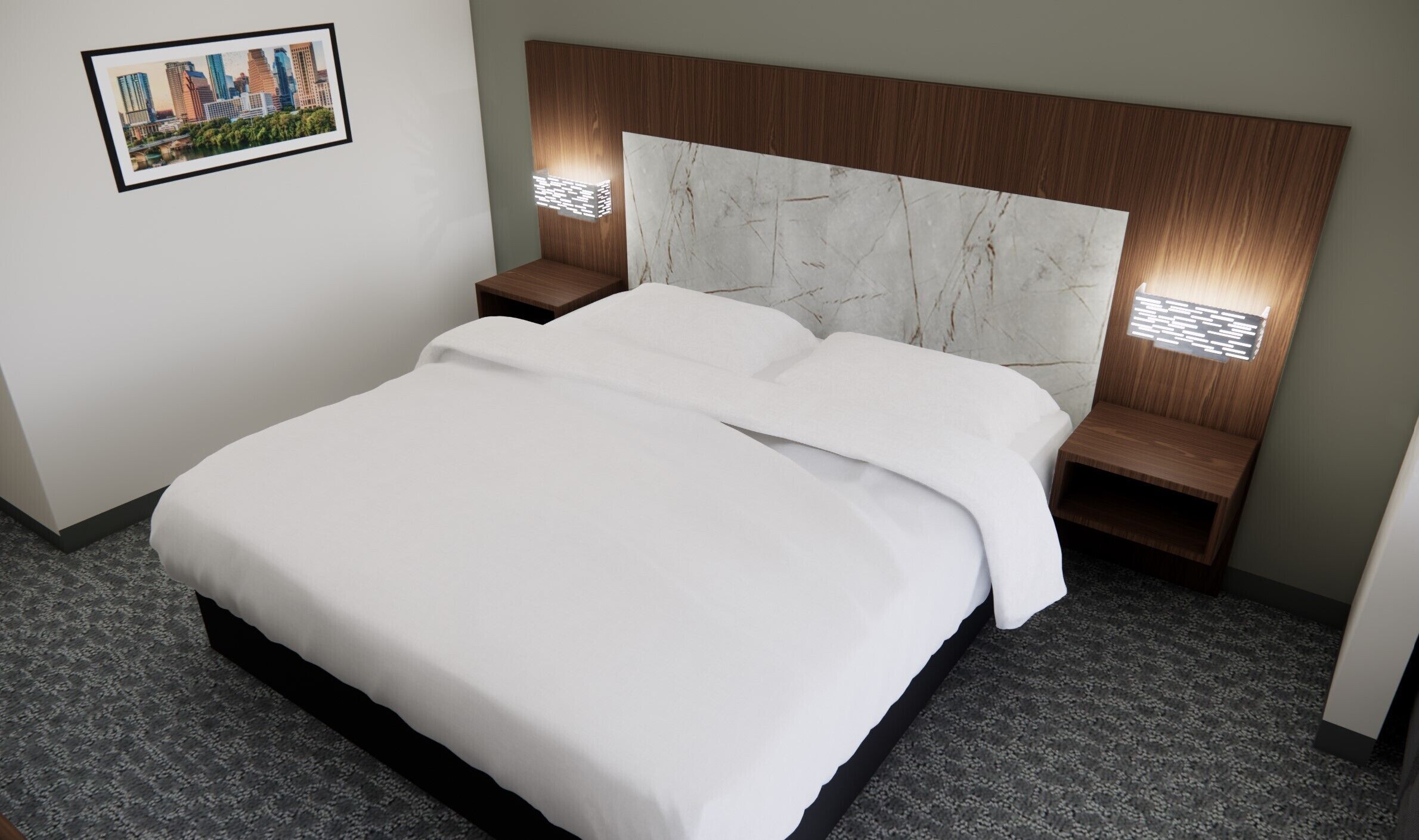 A neatly made bed with white linens, a marble headboard, and two bedside tables with wall-mounted lamps.