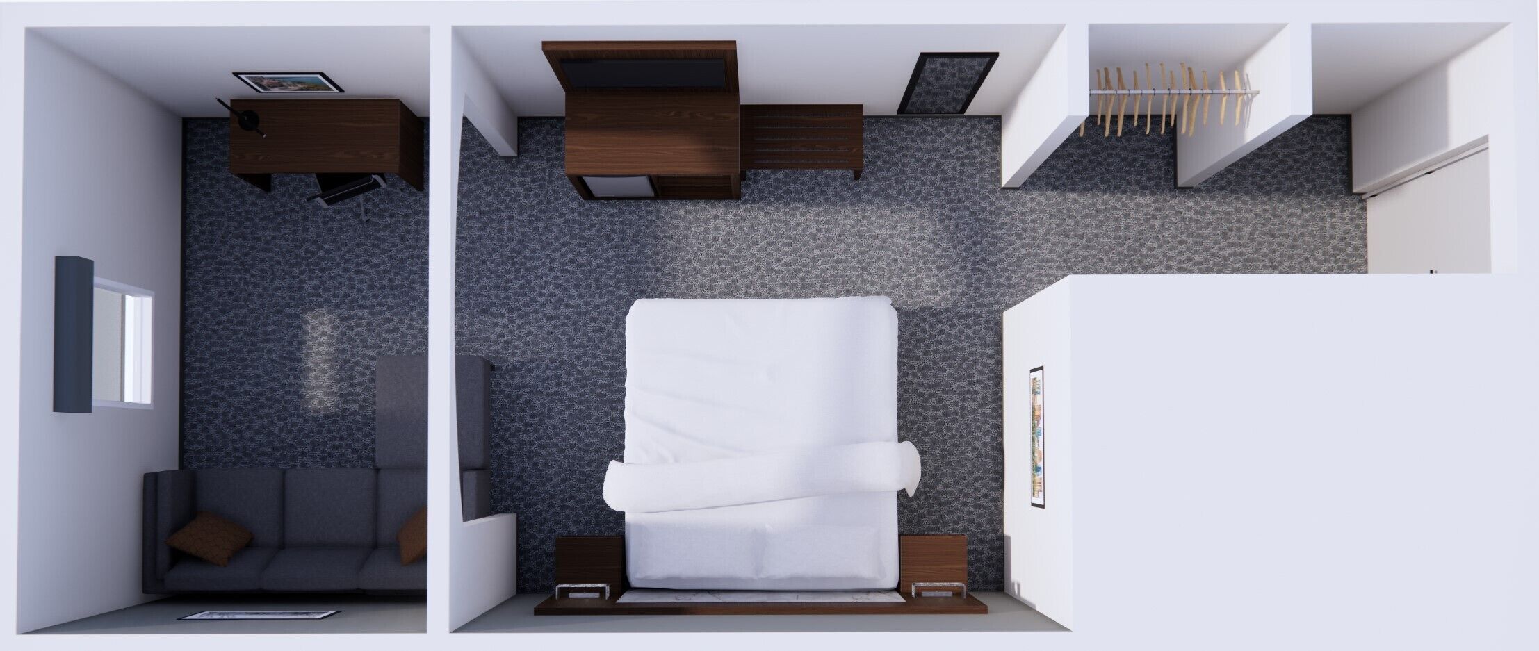 Una habitación de hotel moderna con una cama, un sofá, un escritorio y un armario.