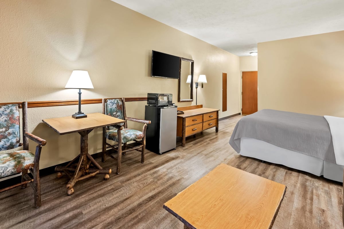 Quarto de hotel com cama, escrivaninha com cadeira, mini-frigorífico, televisão e luminária.