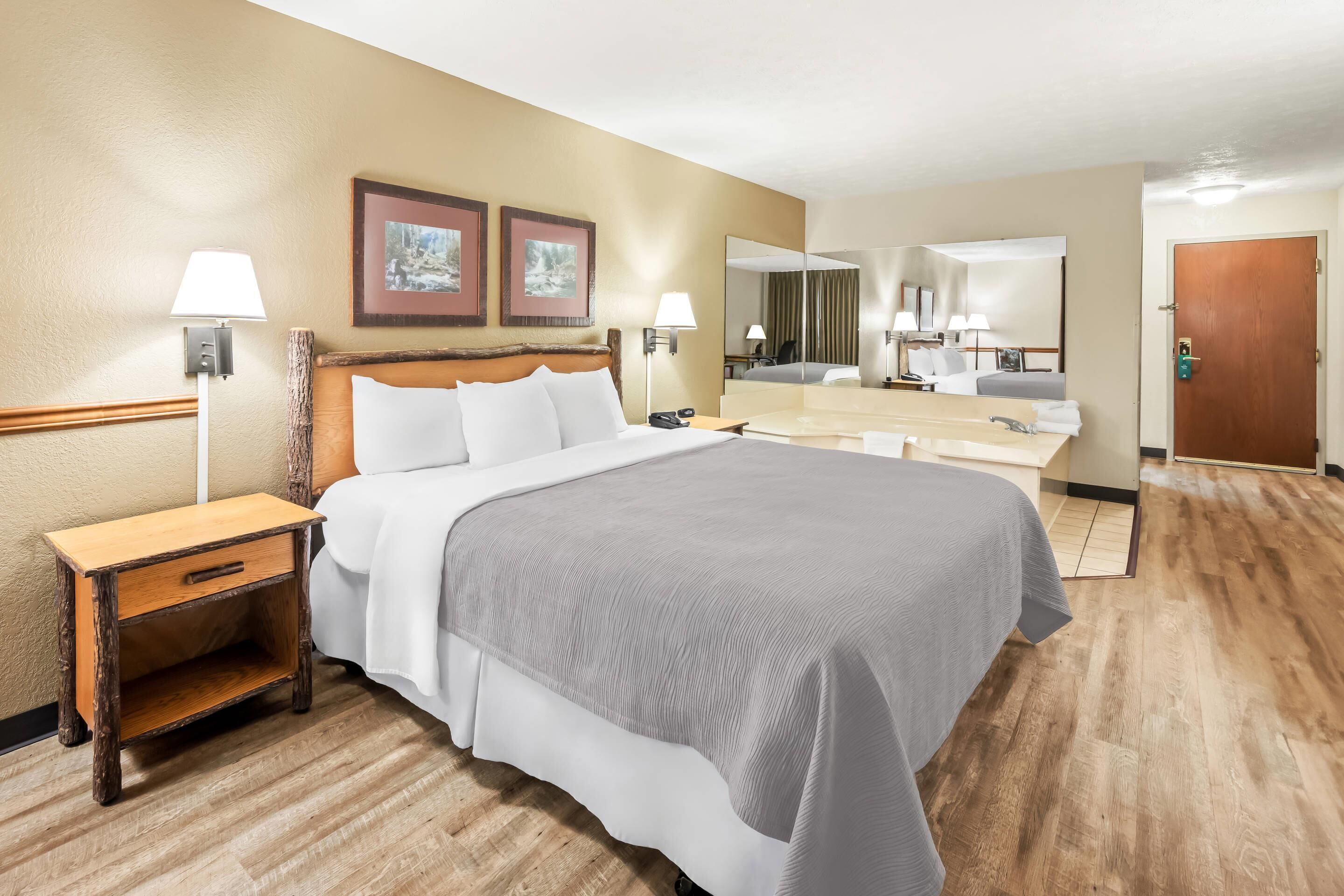 A hotel room with a large bed, a wooden nightstand, a desk, a mirror, and a door.