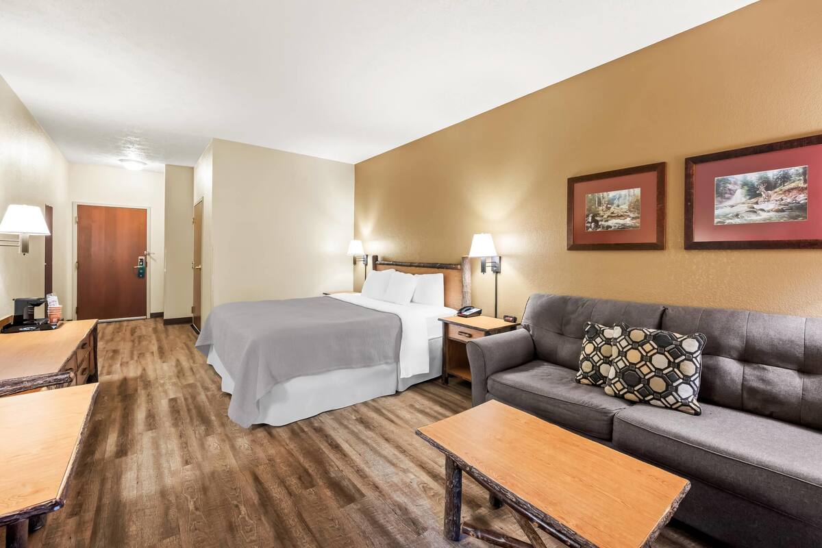 Quarto de hotel com cama, sofá, mesa de centro e escrivaninha. Há duas luminárias na mesa de cabeceira e um porta-retrato na parede.
