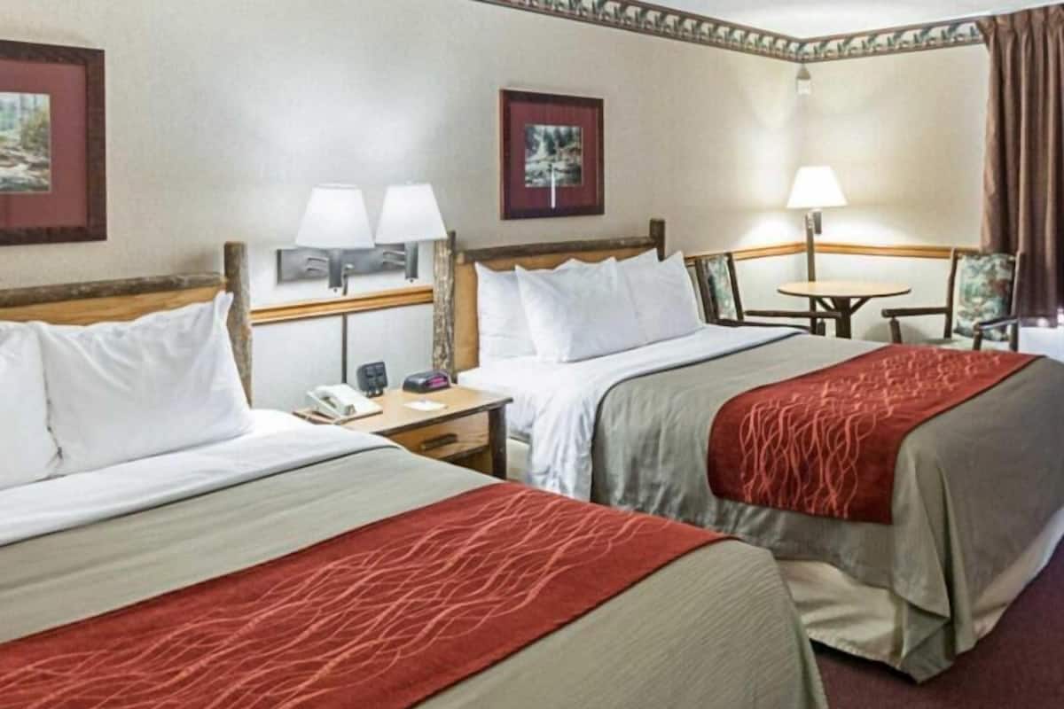 Quarto de hotel com duas camas, mesas de cabeceira com luminárias, uma mesinha e quadros nas paredes.
