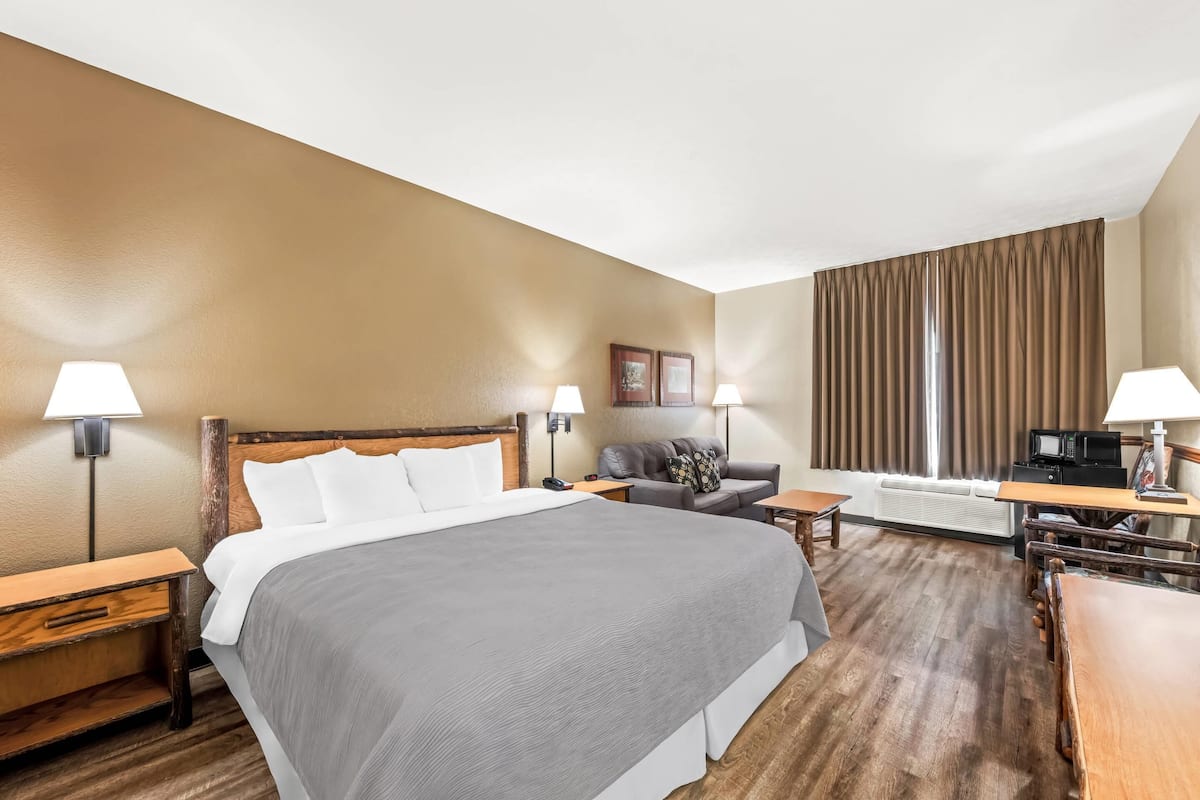 Quarto de hotel com uma cama grande, um sofá, uma escrivaninha e uma televisão.