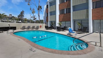 Outdoor pool, pool umbrellas, sun loungers