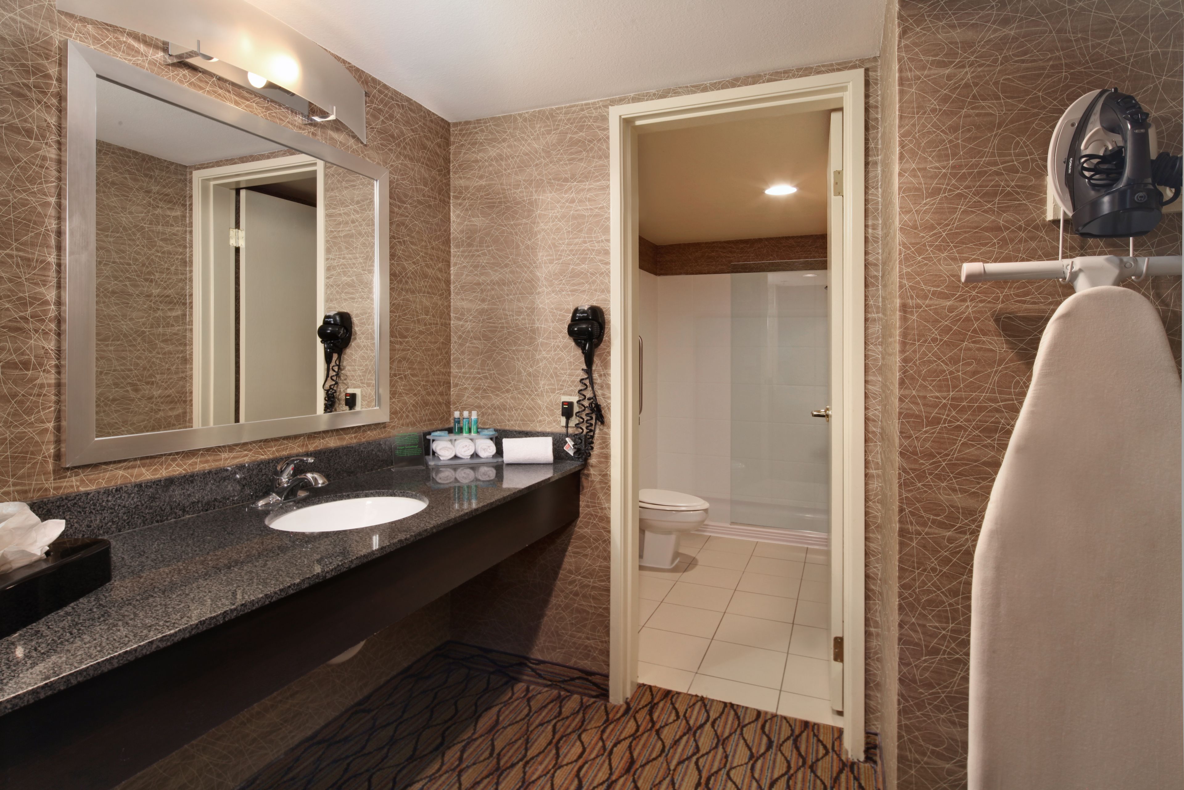 combined shower/bathtub, free toiletries, hair dryer, towels