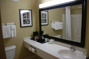Room, 2 Queen Beds, Accessible, Non Smoking (Rollin Shower) | Bathroom | Free toiletries, hair dryer, towels, soap - AmericInn by Wyndham Galesburg (Galesburg)