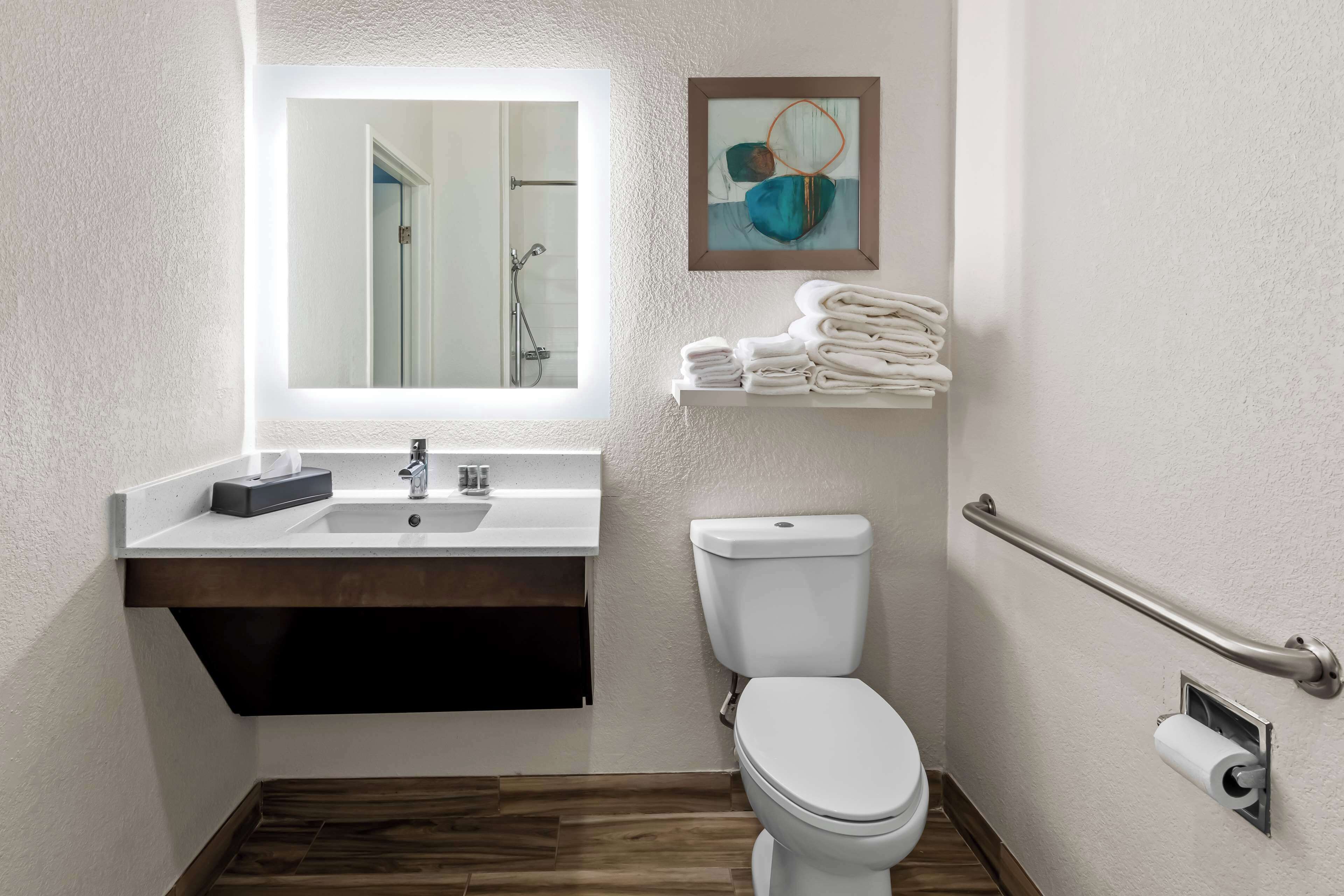 Un bagno moderno con lavandino, specchio, WC e maniglie di sostegno.